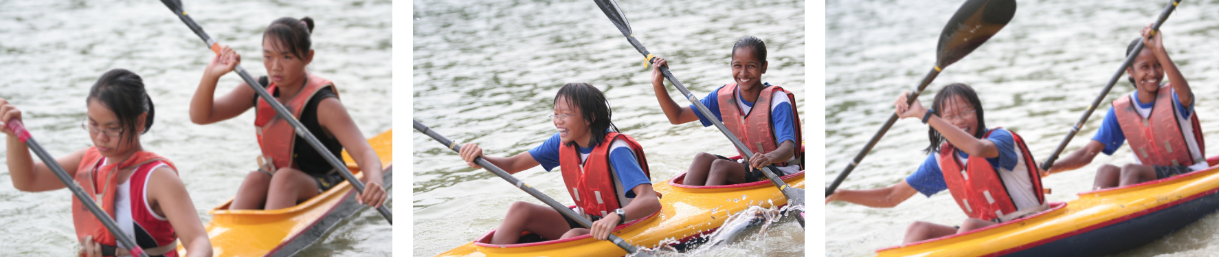Three photos of young girls in red life vests paddling yellow kayaks on water, smiling and active.